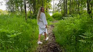 the hot blonde in fishnets takes on risky outdoor sex