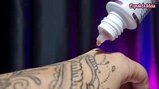 Influencer tests erotic products with pepper blend and body oils in asmr