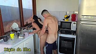 mamacita sucks in the kitchen hidden from husband, gets filled