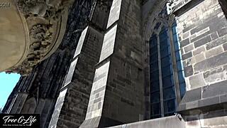 Skinny blonde slut gives outdoor blowjob at Cologne cathedral