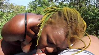 Poizon Ivy gives Don Whoe a sloppy blowjob in the backyard, deepthroat and wet.