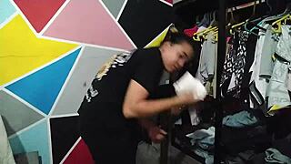 Watch my horny neighbor grope my big ass while I organize clothes!