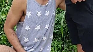 the girl sucked the endowed farmer in the ration field, friend filmed