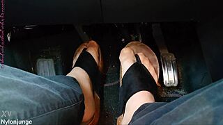 nylon feet and toe separators in the car with close up fetish play 👣
