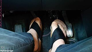 nylon feet and toe separators in the car with close up fetish play 👣