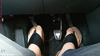 nylon feet and toe separators in the car with close up fetish play 👣