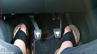 nylon feet and toe separators in the car with close up fetish play 👣