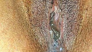 This sexy latina milf has close up with cum on juicy body