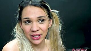 Brunette Cutie Sabrina Masturbates and Sucks a Juicy Cock to Get Jizzed