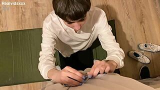 skinny girl kneeling for blowjob ending with facial