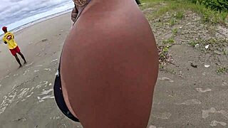 nicoly seduces firefighter on beach? sits on dick in woods