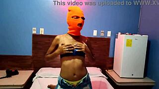 My brunette stepsister wants halloween celebration in hotel bed masked shaking body hips sexy then naked!