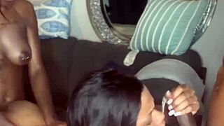 threeway with big pussy lips ebony in group creampie session, clothes ripped and dripping wet