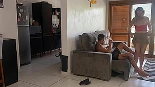 Husband In Kitchen While Wife Enjoys Friend Passionately