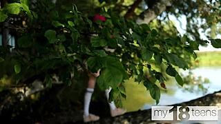 why's this adorable skinny girl fingering her tight pussy outdoors?