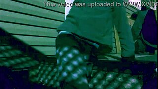 time lapse skinny girl stretches ass and legs against steps at night