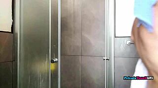 sexy russian girl fingers pussy in hot shower, squirting wet