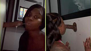 Ebony amateur deepthroats multiple big black cocks through gloryhole, sucking strangers wet and sloppy with spitting and facials.