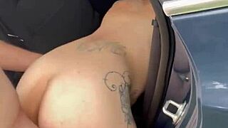 Busty hooker rides cock reverse cowgirl in a car during the middle of the day - takes a load on her phat ass