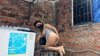 my slutty neighbor in the yard showing her pussy - under her dress