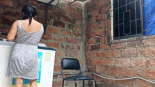 my slutty neighbor in the yard showing her pussy - under her dress