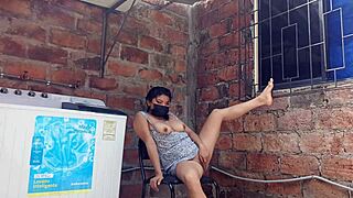 my slutty neighbor in the yard showing her pussy - under her dress