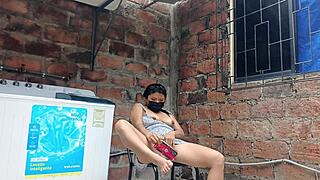 my slutty neighbor in the yard showing her pussy - under her dress