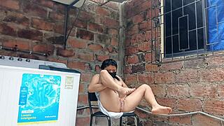 my slutty neighbor in the yard showing her pussy - under her dress