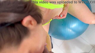 the brunette sucks and cleans the swissball casually