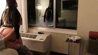 having fun wearing a see through short dress in hotel public areas