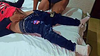 i fucked bill collector, cuckold husband left no money. sucked cock, fucked in family bed, latina milf.