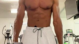 Black bodybuilder works out neck and shoulders outdoors in California for ladies.