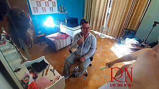 nudist barbershop lady in apron surprises client on camera 😲