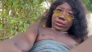 Lola black xxx plays with her pussy outside in public dorm area with toys and feet