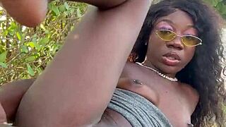 Lola black xxx plays with her pussy outside in public dorm area with toys and feet