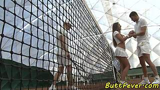 Euro babe anally spitroasted at tennis court