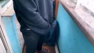 Public Blowjob on Balcony with Cum in Mouth Deepthroat Sloppy Teen Redhead