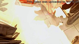 Confident 40-year-old woman tries on tight jeans in clothing store, showcasing her exaggerated curves.