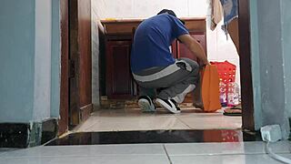 the cuckold wife welcomes the neighbor plumber in her skirt without panties