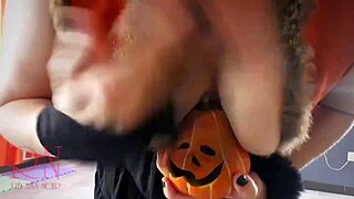 Halloween witch regina noir performs in old house