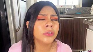 Beautiful Latina teen caught masturbating in hostel kitchen, gets anal from old German tourist