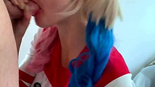 fucking real harley quinn with big natural tits in cosplay stockings and sloppy blowjob