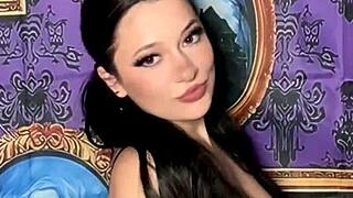 Pigtails goth girl strips bra in haunted house with music