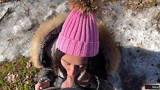 Stranger cums in my pussy in snowy winter forest