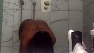 i was bathing in the homemade amateur shower, my ebony black skin getting wet, but i made a error and slipped on the soap, oops