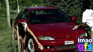 hot brunettes naked carwash 😍 showing tits and ass