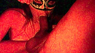 Masked Latina Redhead Spreading Big Ass and Sucking Cock in Red Light