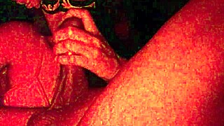 Masked Latina Redhead Spreading Big Ass and Sucking Cock in Red Light