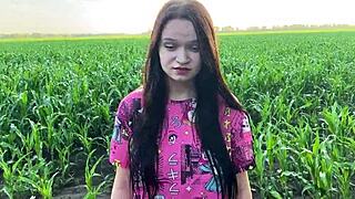 stepsister shakes with nerves in cornfield before stepbro's big cock comforts her deeply