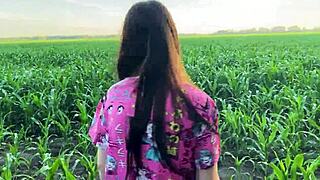 stepsister shakes with nerves in cornfield before stepbro's big cock comforts her deeply